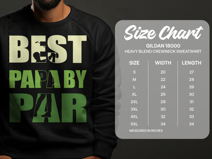 Gildan 18000 sweatshirt size chart with chest and length measurements.