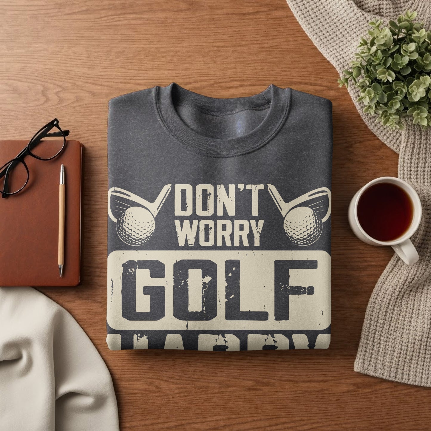 Dark grey sweatshirt with "DON'T WORRY GOLF" text and crossed golf clubs.