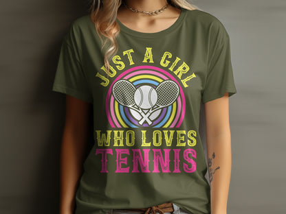Green t-shirt with "Just a girl who loves tennis" and crossed rackets.
