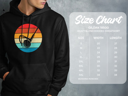 Gildan 18500 hooded sweatshirt size chart with measurements in inches.