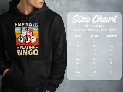 Hooded sweatshirt with "Happiness is playing Bingo" graphic and size chart.