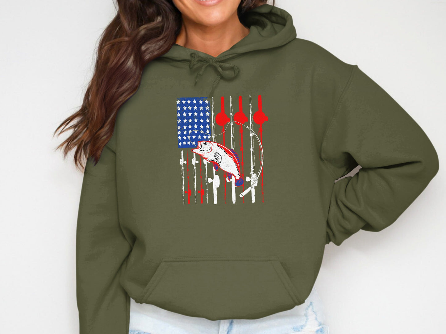 Green hoodie with American flag design and fishing graphic.