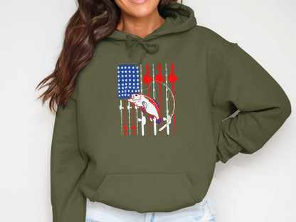 Green hoodie with American flag design and fishing graphic.
