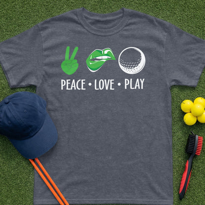 Dark gray t-shirt with peace sign, lips, and golf ball graphic and text "PEACE LOVE PLAY".