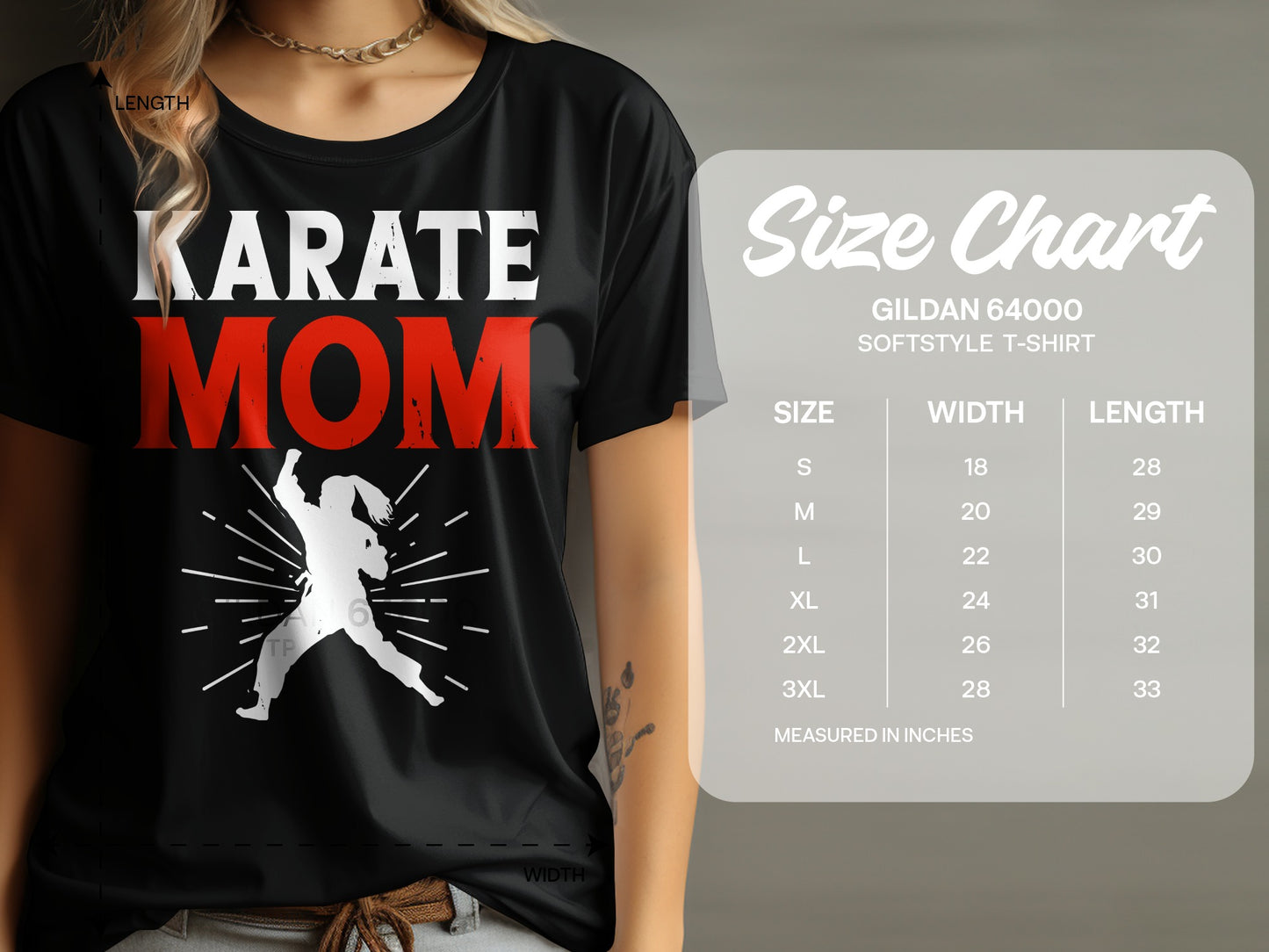Black t-shirt with "Karate Mom" text and graphic, next to a size chart.