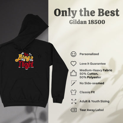 Black Gildan 18500 hoodie with "Binge Night" graphic and product features.