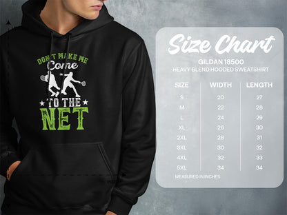 Black hooded sweatshirt with "Don't Make Me Come to the Net" tennis graphic and size chart.