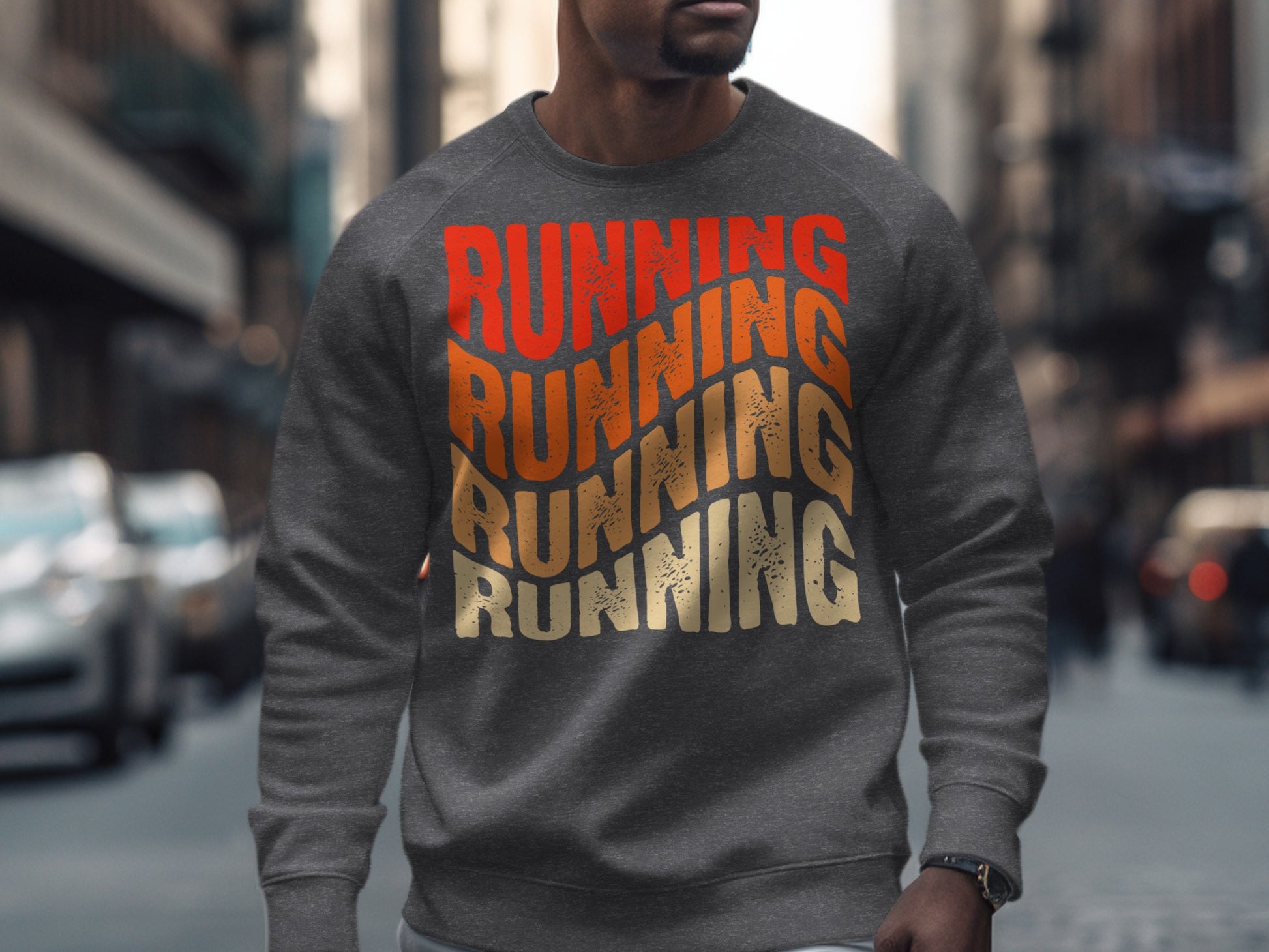 Gray sweatshirt with "RUNNING" in wavy red, orange, and yellow text.