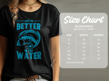 Black t-shirt with "Life is Better in the Water" graphic and size chart.