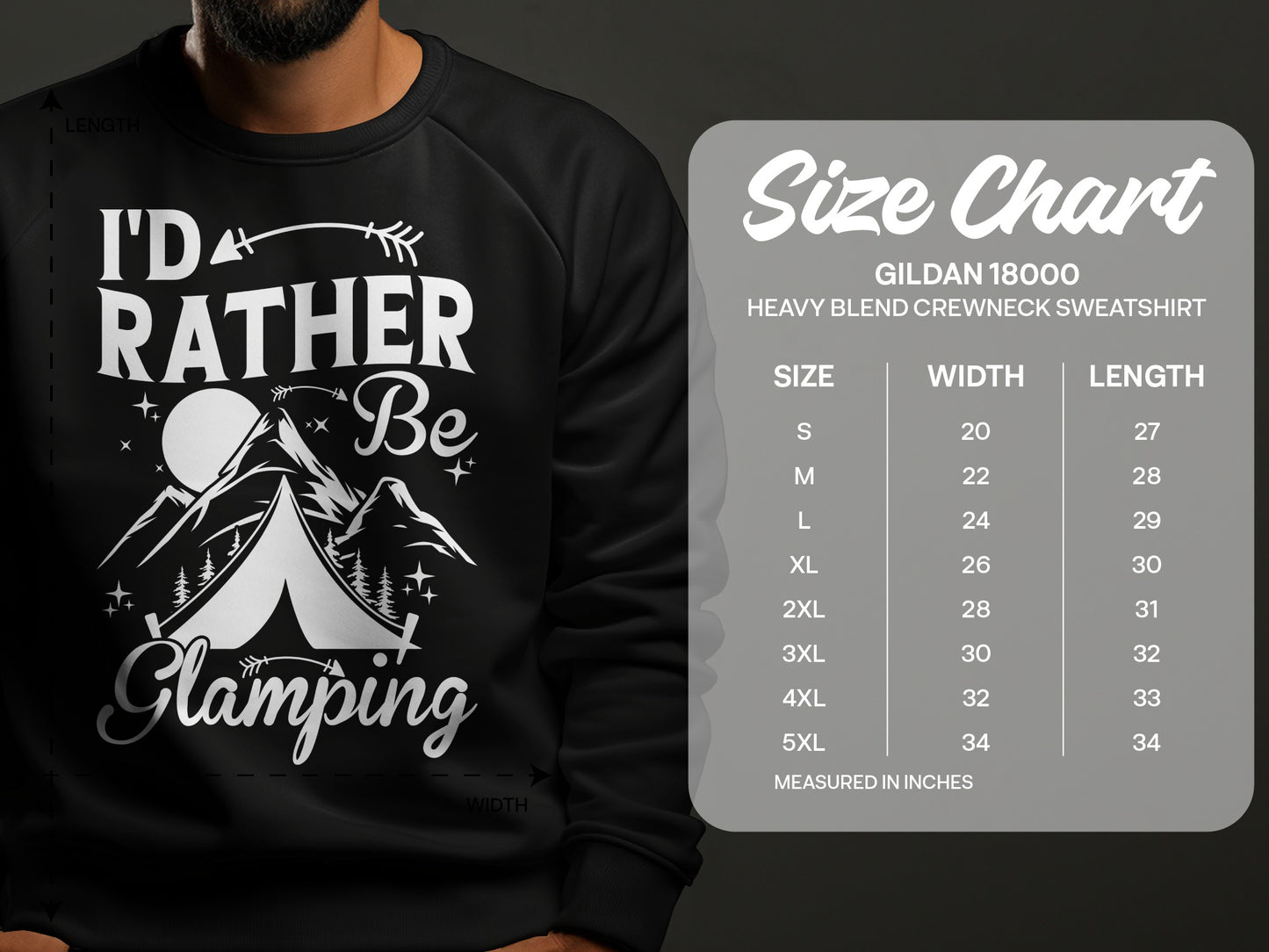 Black crewneck sweatshirt with "I'd Rather Be Glamping" graphic, size chart included.