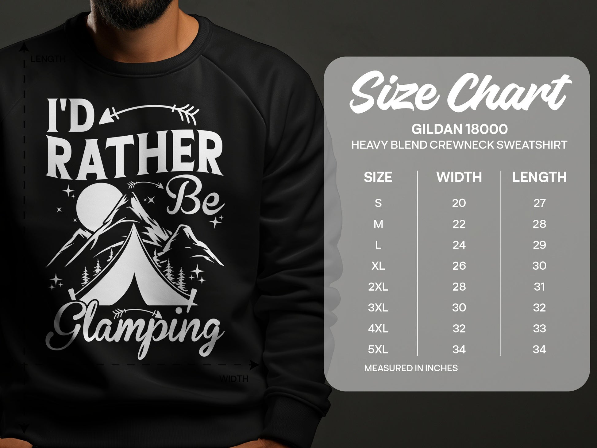 Black crewneck sweatshirt with "I'd Rather Be Glamping" graphic, size chart included.
