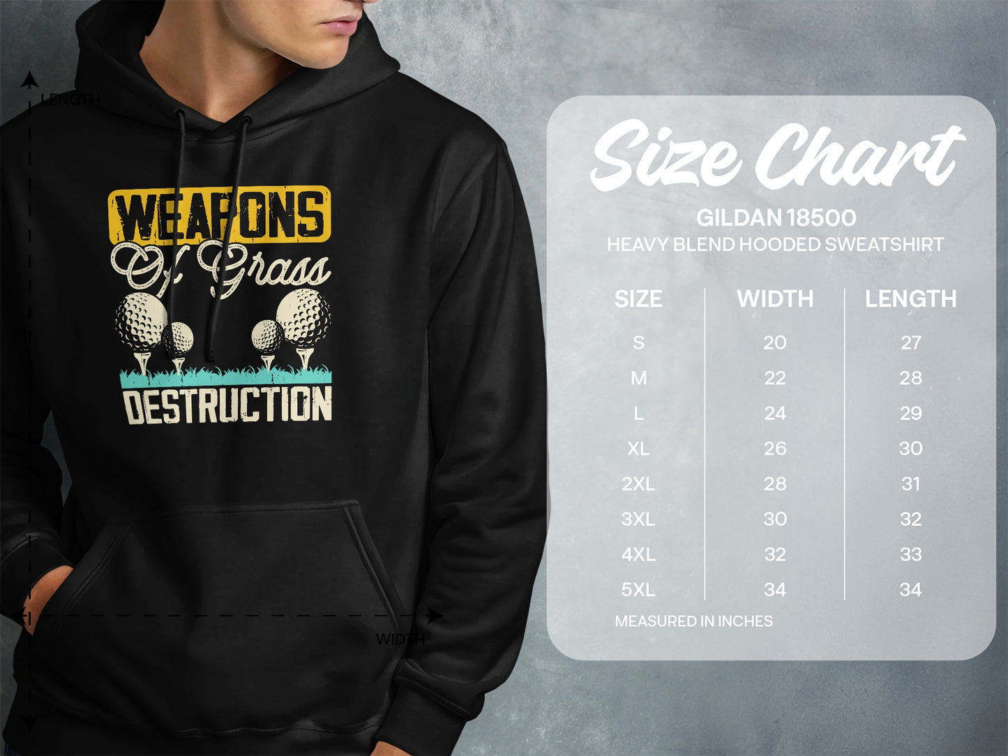 Hoodie with "Weapons of Grass Destruction" golf ball graphic and size chart.
