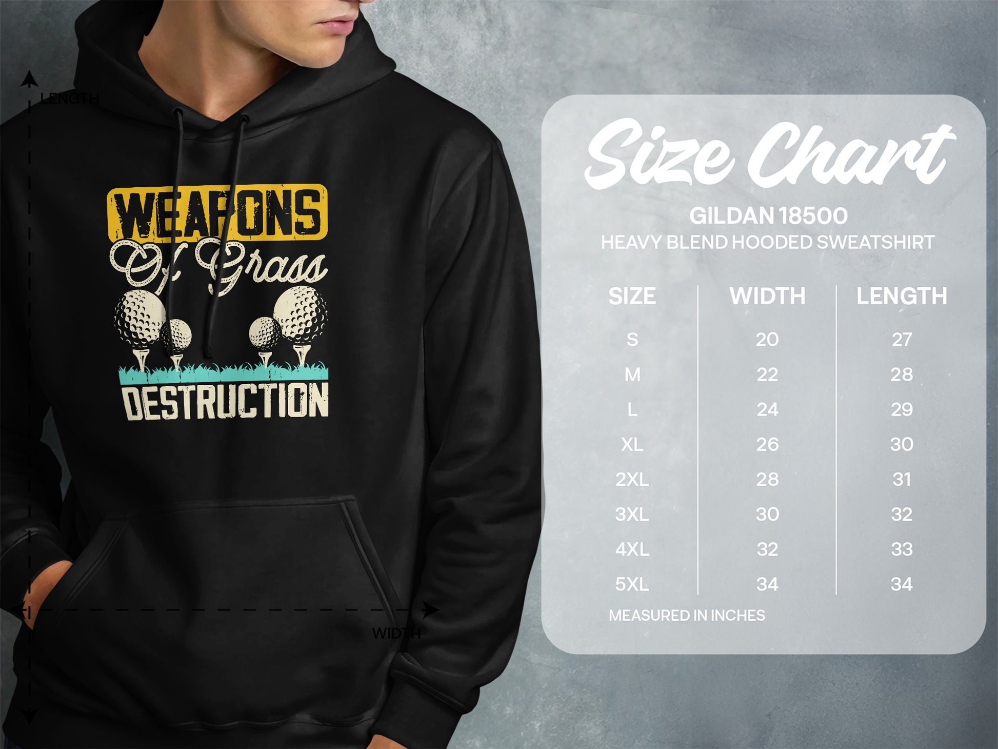 Hoodie with "Weapons of Grass Destruction" golf ball graphic and size chart.