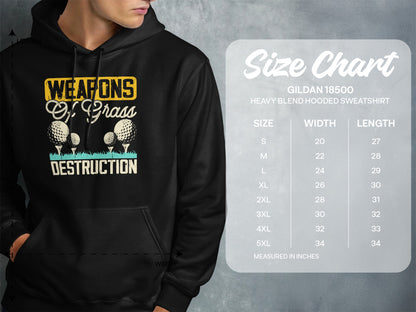 Hoodie with "Weapons of Grass Destruction" golf ball graphic and size chart.