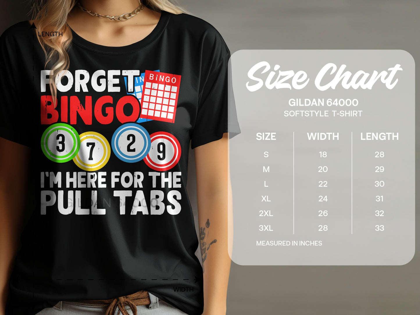 Black t-shirt with "Forget Bingo, I'm Here For The Pull Tabs" and bingo numbers.