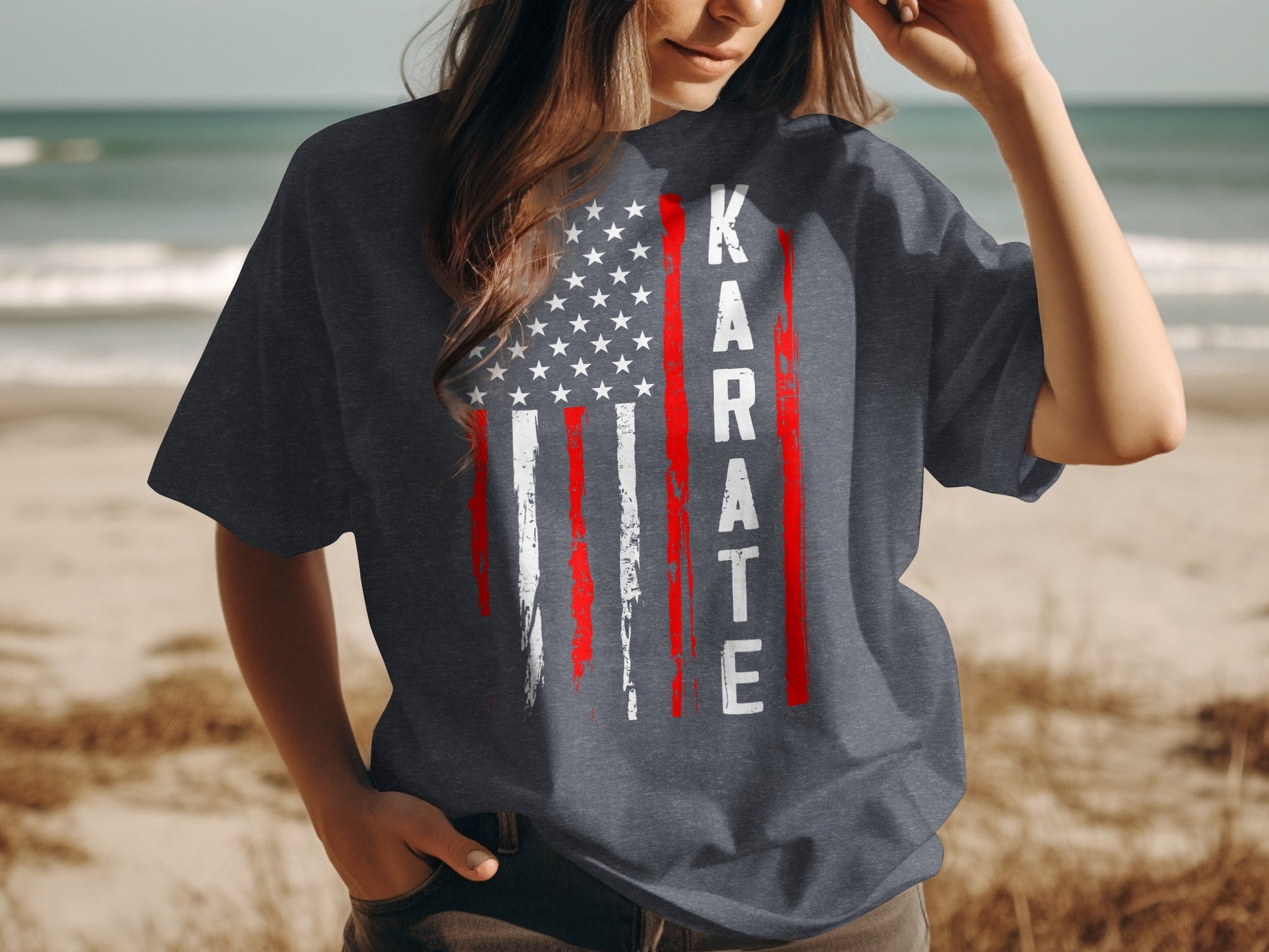 Dark t-shirt with distressed American flag and "KARATE" text.