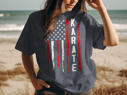 Dark t-shirt with distressed American flag and "KARATE" text.