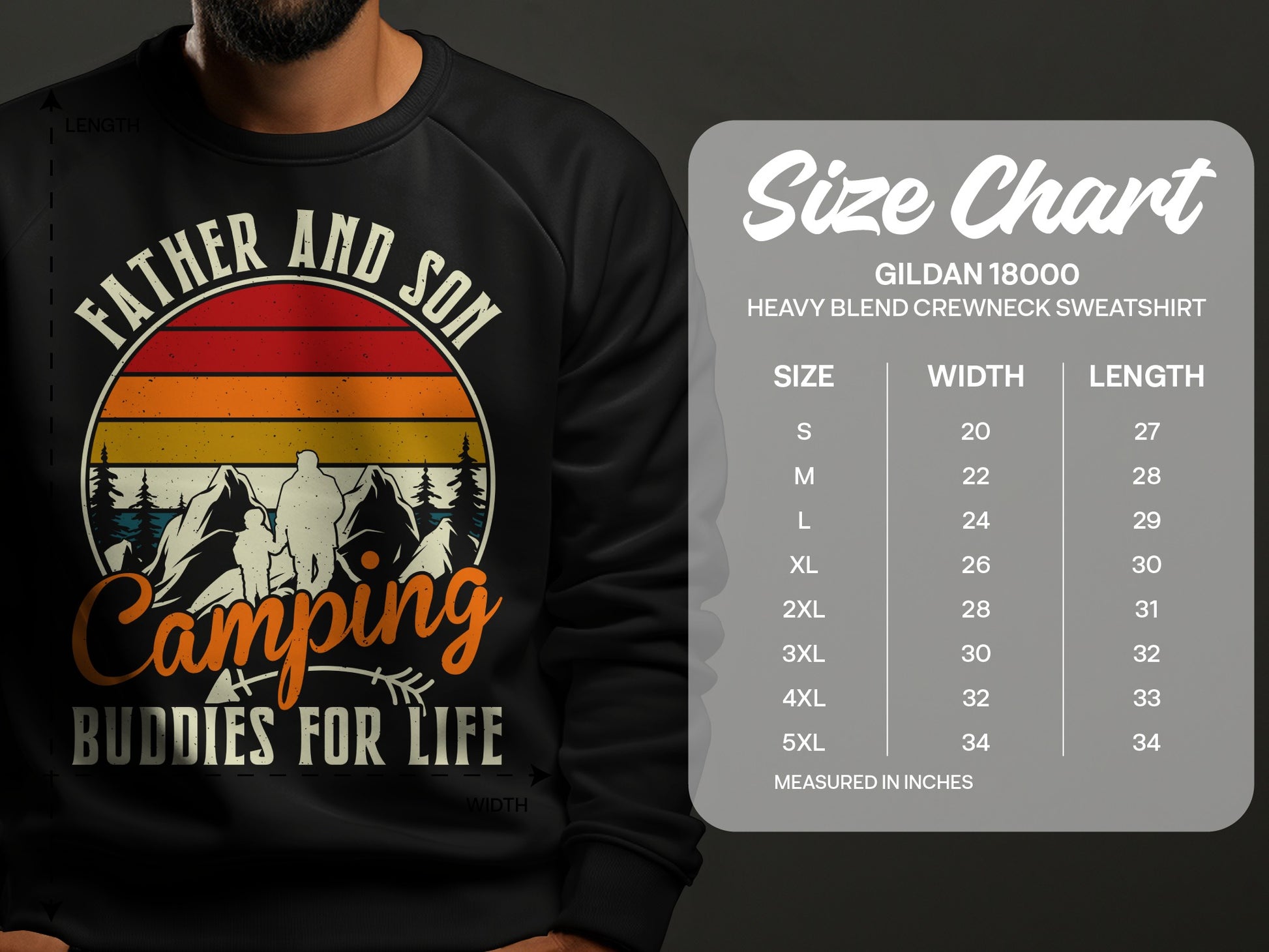 Gildan 18000 sweatshirt size chart with "Father and Son Camping Buddies for Life" graphic.