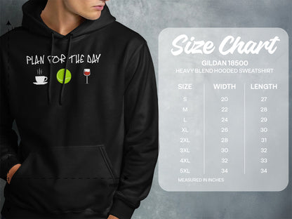 Men's heavy blend hooded sweatshirt size chart with product description and graphic.