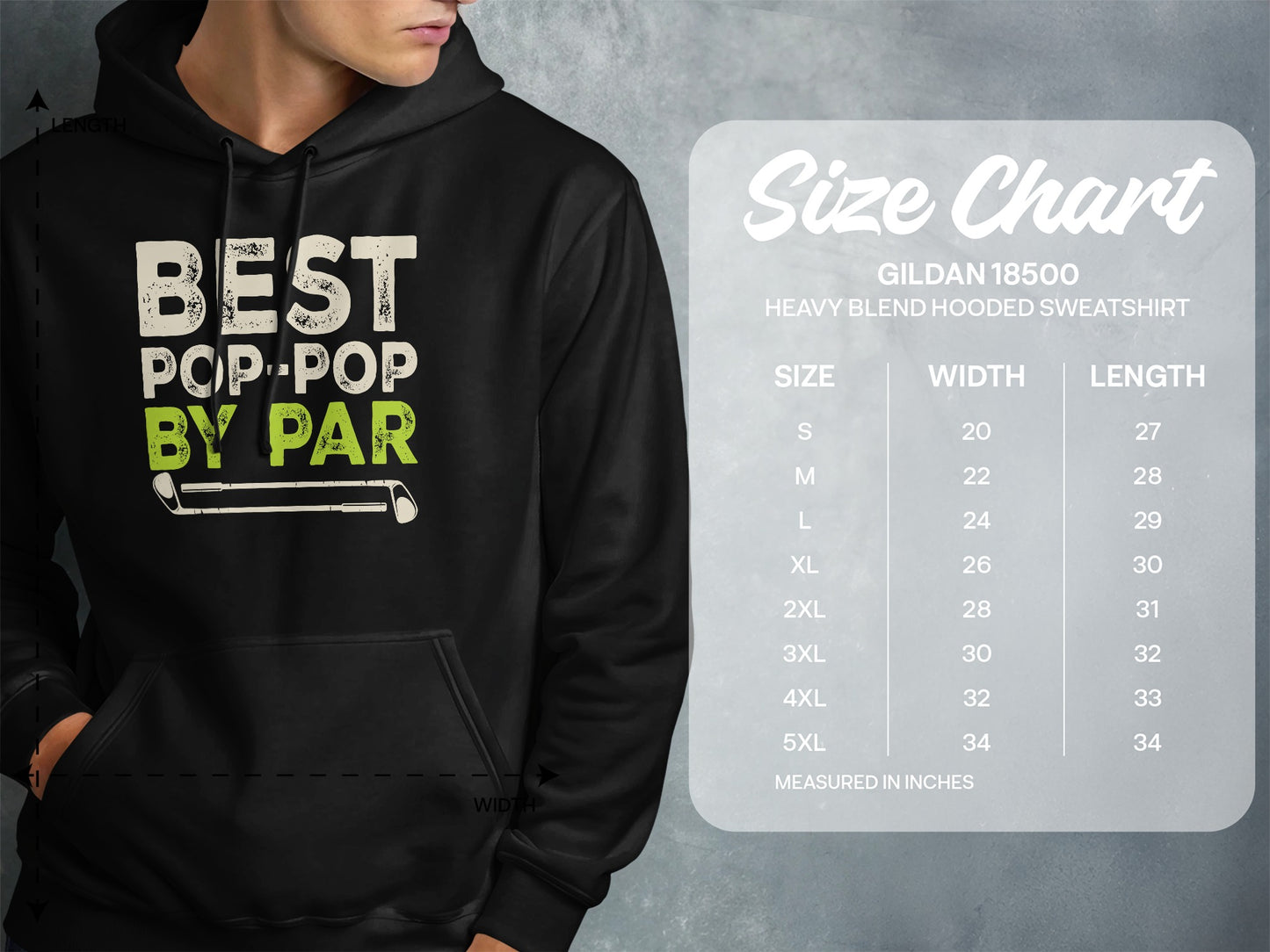 Black hoodie with "BEST POP POP BY PAR" graphic and size chart.