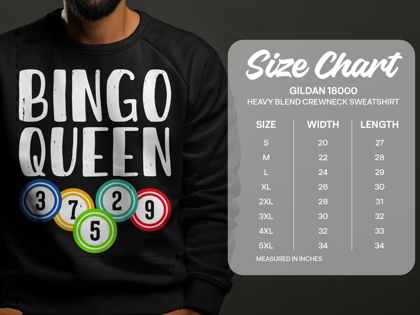 Black sweatshirt with "BINGO QUEEN" text and bingo balls, size chart included.