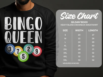 Black sweatshirt with "BINGO QUEEN" text and bingo balls, size chart included.