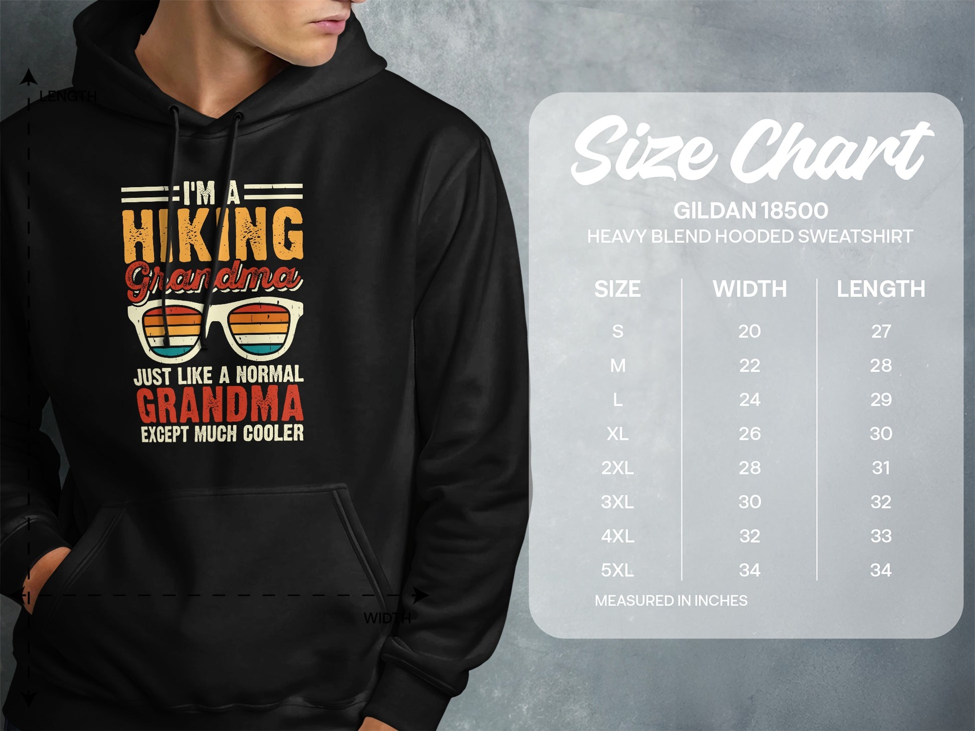 Hooded sweatshirt size chart with "I'm a hiking Grandma except much cooler" graphic.