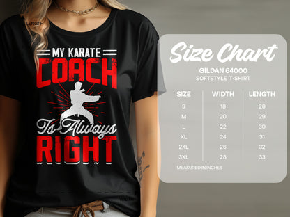 Black t-shirt with "MY KARATE COACH Is Always RIGHT" graphic and size chart.