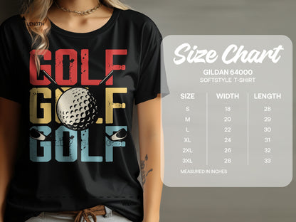 T-shirt with "GOLF GOLF GOLF" text and a golf ball, with a size chart.