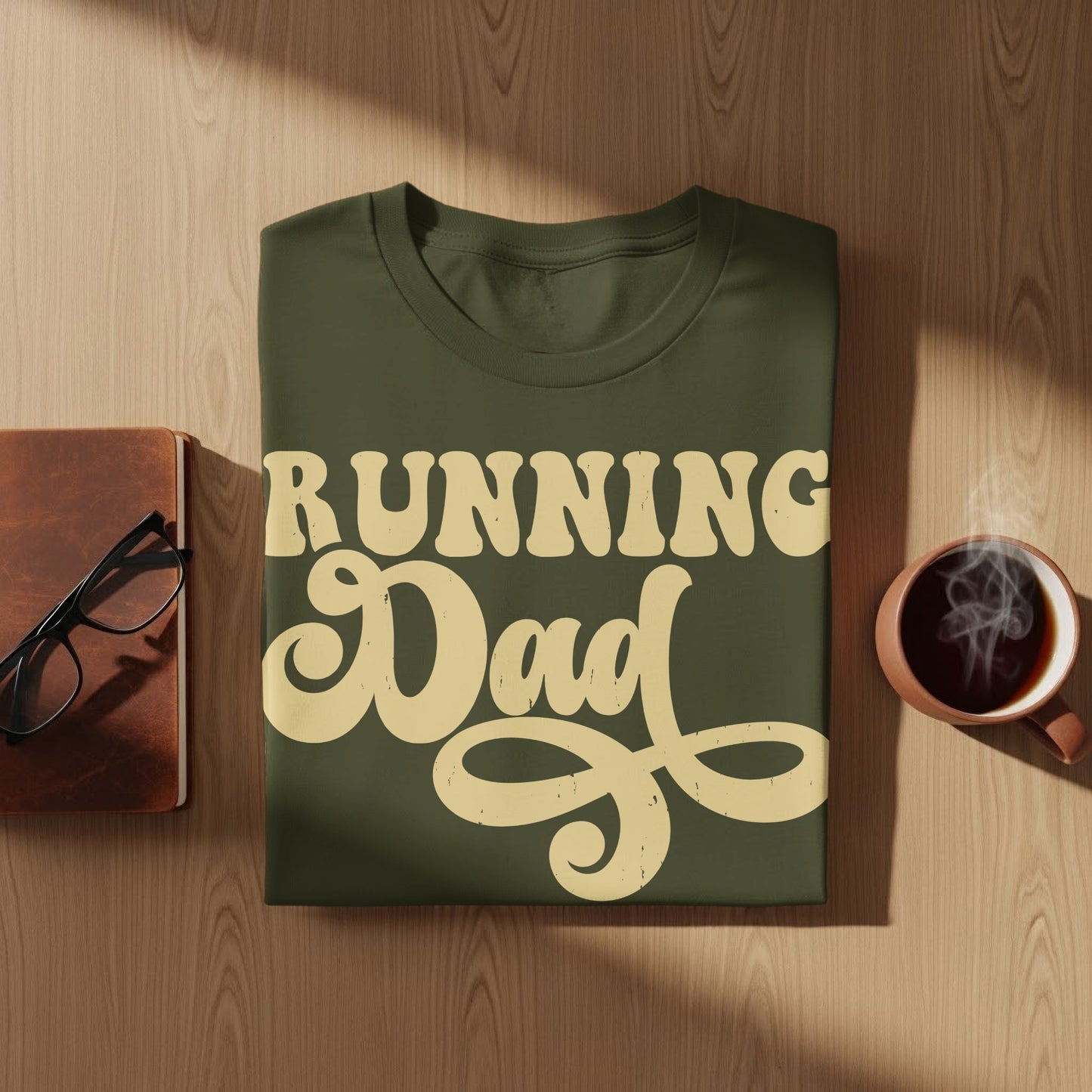 Olive green t-shirt with "Running Dad" text in cream script.