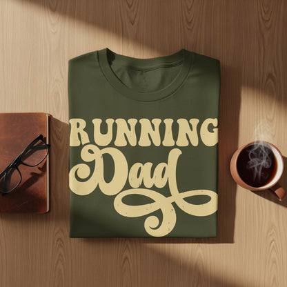 Olive green t-shirt with "Running Dad" text in cream script.