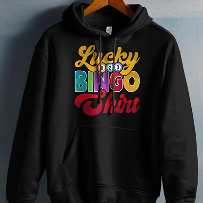 Black hoodie with "Lucky Bingo Shirt" text and bingo balls.
