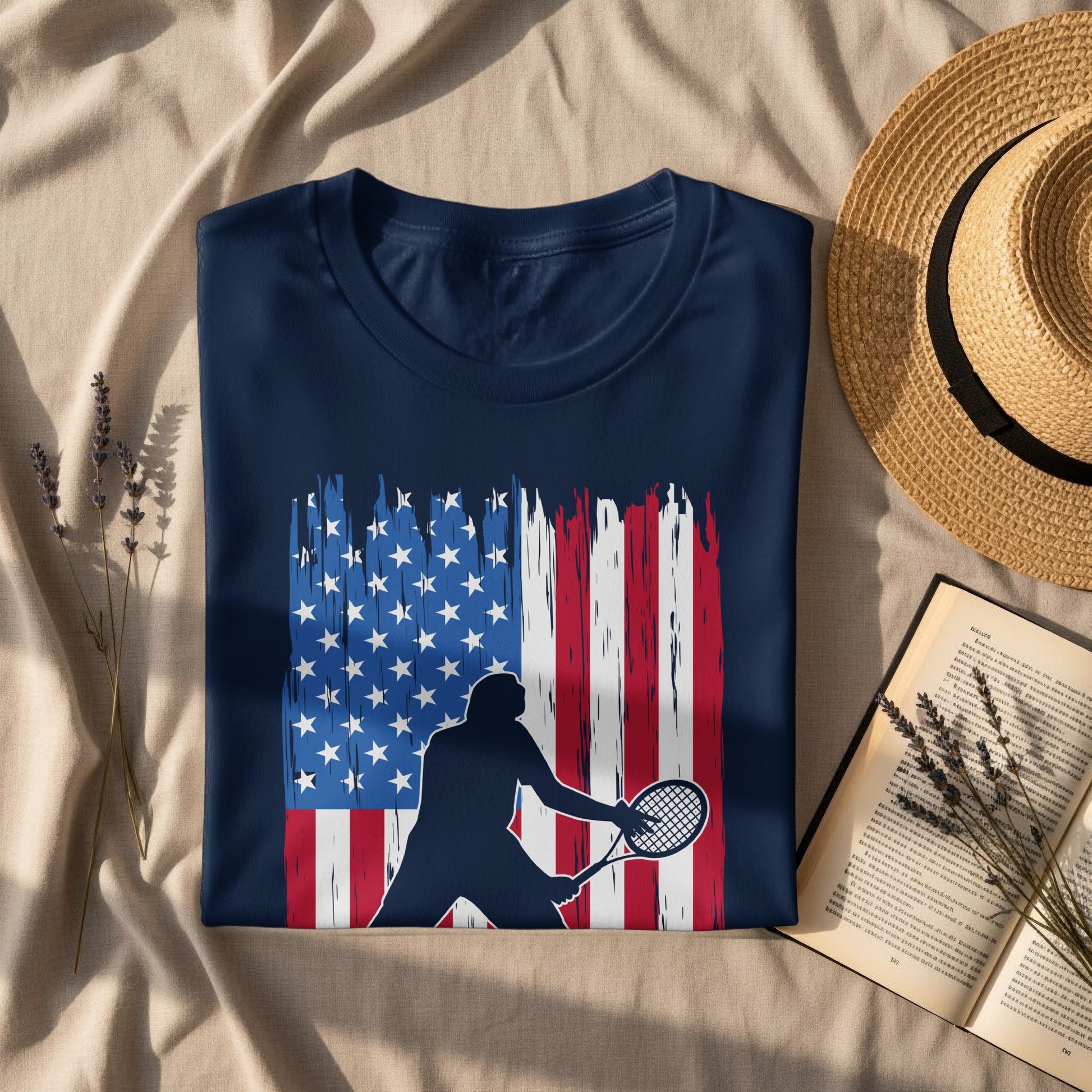 Navy t-shirt with distressed American flag and tennis player graphic.