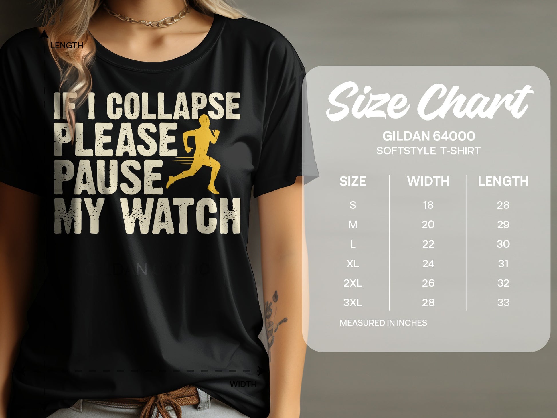Black t-shirt with "If I Collapse Please Pause My Watch" graphic and size chart.