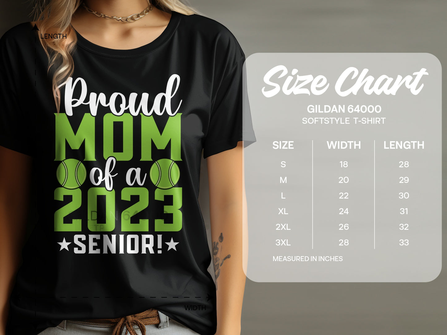 Proud Mom of a 2023 Senior t-shirt with size chart.