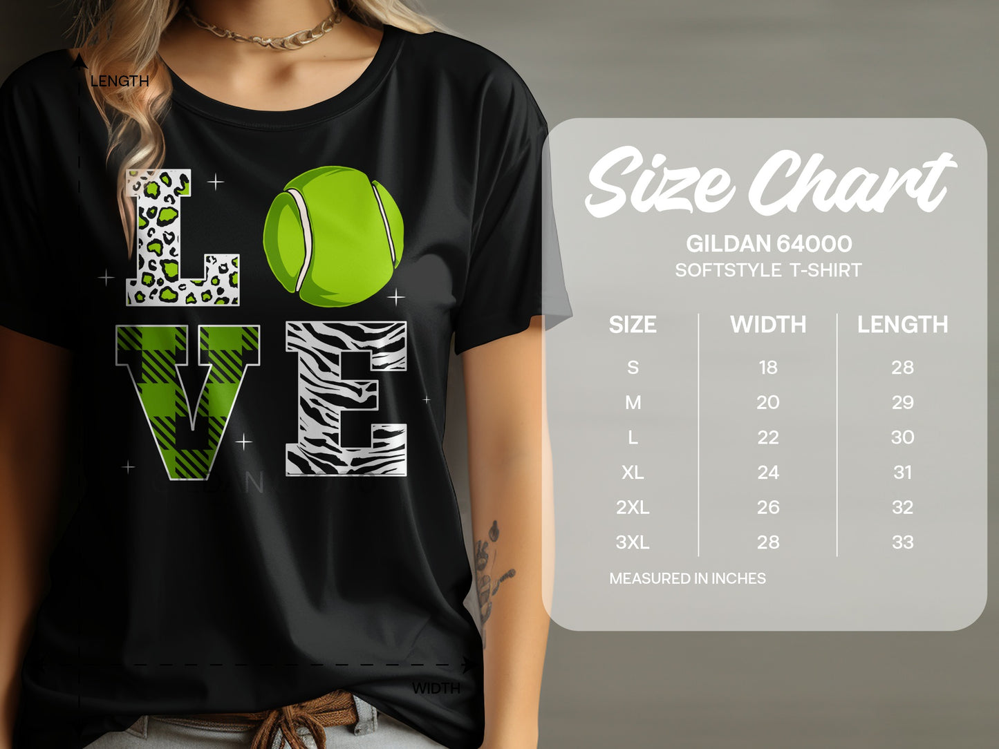 Black t-shirt with "LOVE" graphic including a tennis ball and animal prints; size chart.