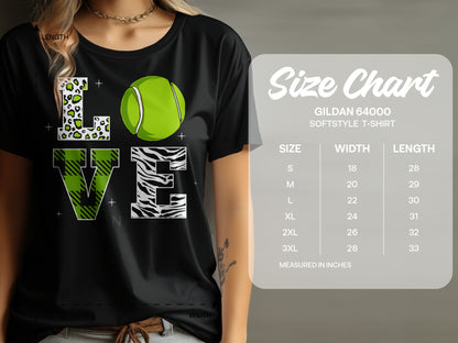 Black t-shirt with "LOVE" graphic including a tennis ball and animal prints; size chart.
