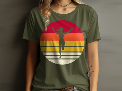 Woman runner silhouette with outstretched arms against a circular sunset graphic.