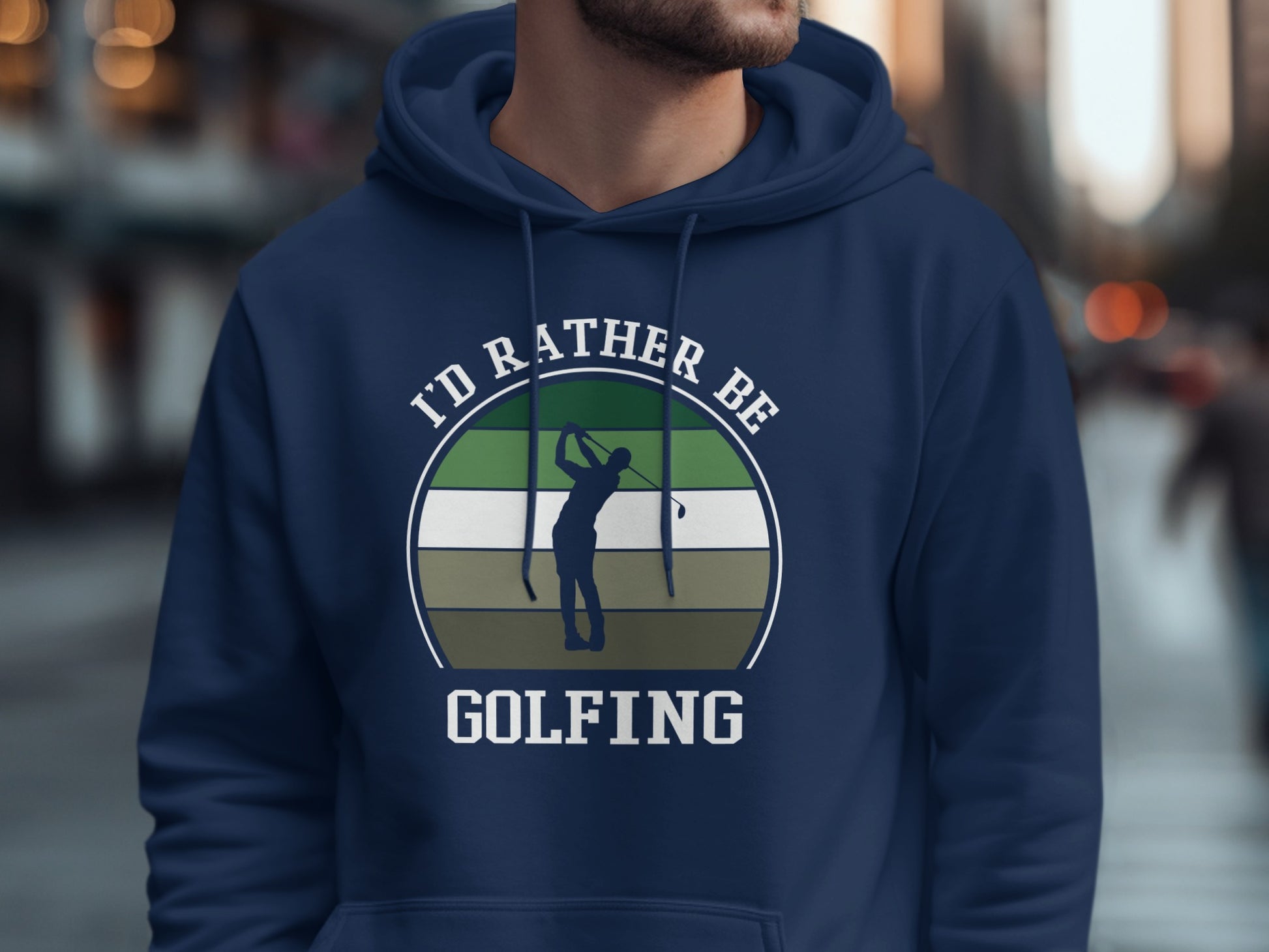 Navy hoodie with "I'd rather be golfing" graphic and golfer silhouette.