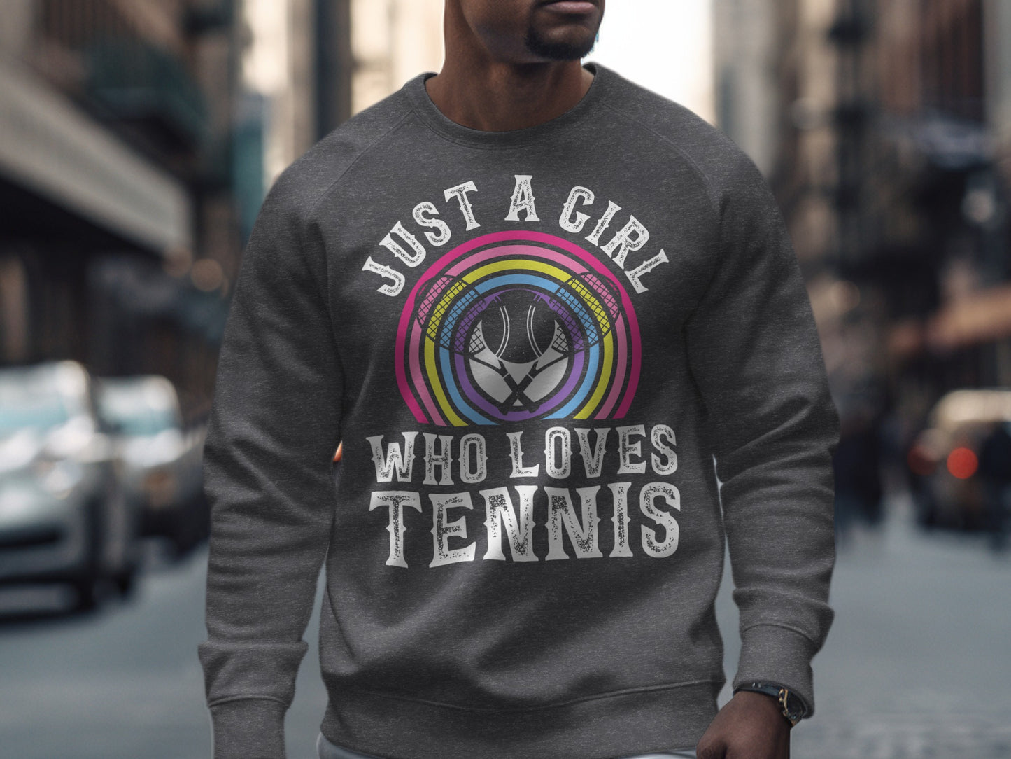 Gray sweatshirt with "JUST A GIRL WHO LOVES TENNIS" and tennis racquets graphic.