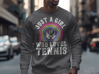 Gray sweatshirt with "JUST A GIRL WHO LOVES TENNIS" and tennis racquets graphic.