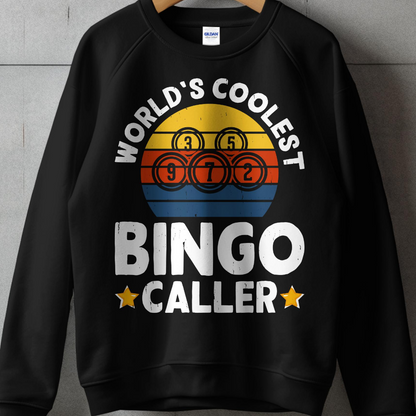 Black sweatshirt with "World's Coolest Bingo Caller" text and bingo balls.
