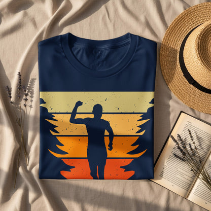 Dark blue t-shirt with a running silhouette against a sunset and trees.