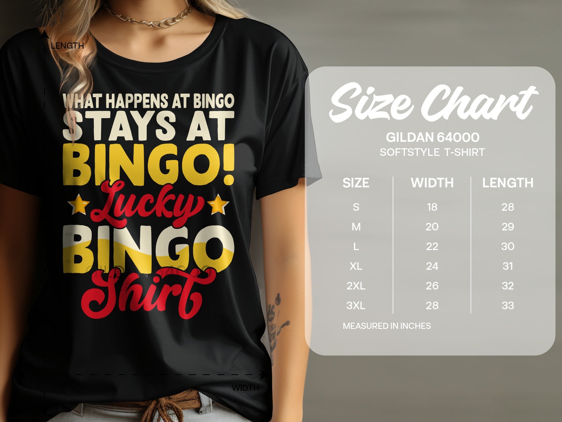 Black t-shirt with "What Happens At Bingo Stays At Bingo" text and size chart.