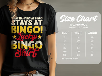 Black t-shirt with "What Happens At Bingo Stays At Bingo" text and size chart.