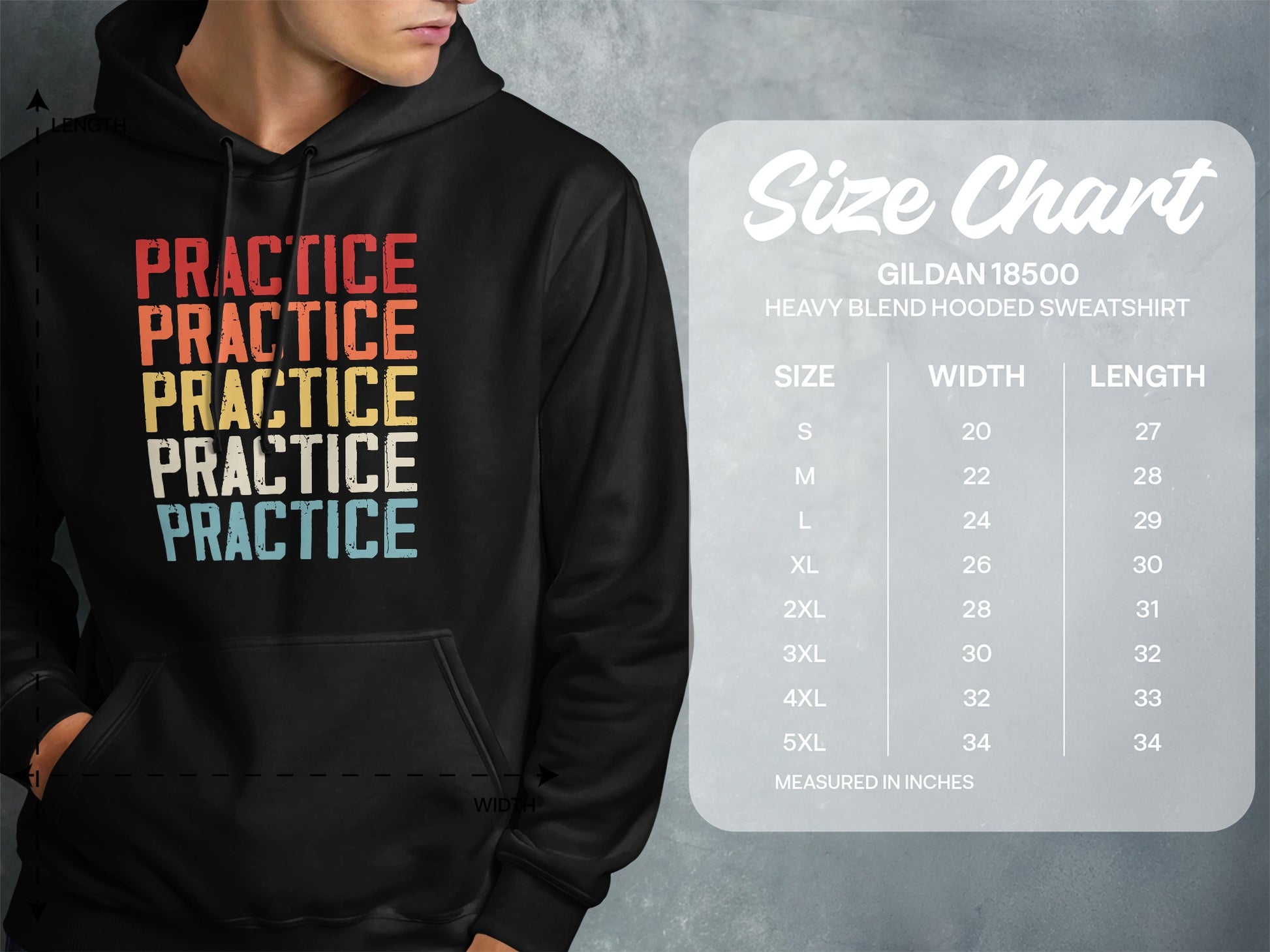 Size chart for Gildan 18500 Heavy Blend hooded sweatshirt.