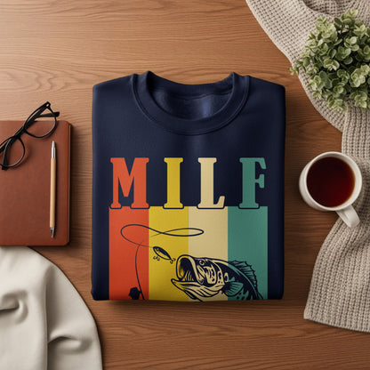 Navy sweatshirt with "MILF" text and a colorful fishing graphic.