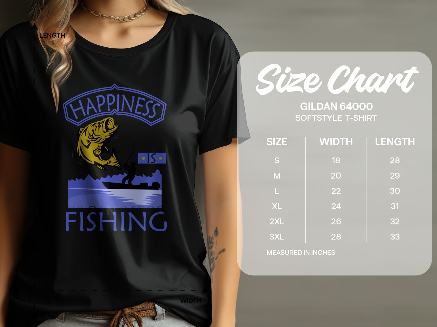 Black t-shirt with "Happiness is Fishing" graphic and size chart.