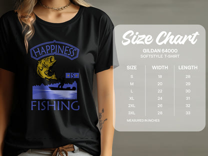 Black t-shirt with "Happiness is Fishing" graphic and size chart.