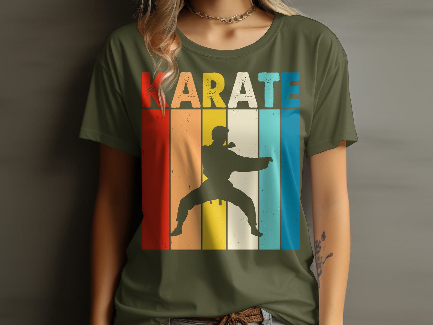 Silhouette of a martial artist performing a karate move against a colorful striped background.